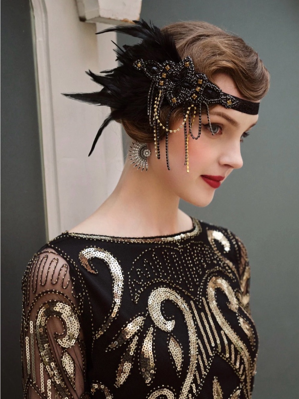 New Babeyond Glitter Rhinestone Chain Feather Headband - Picture 3 of 4